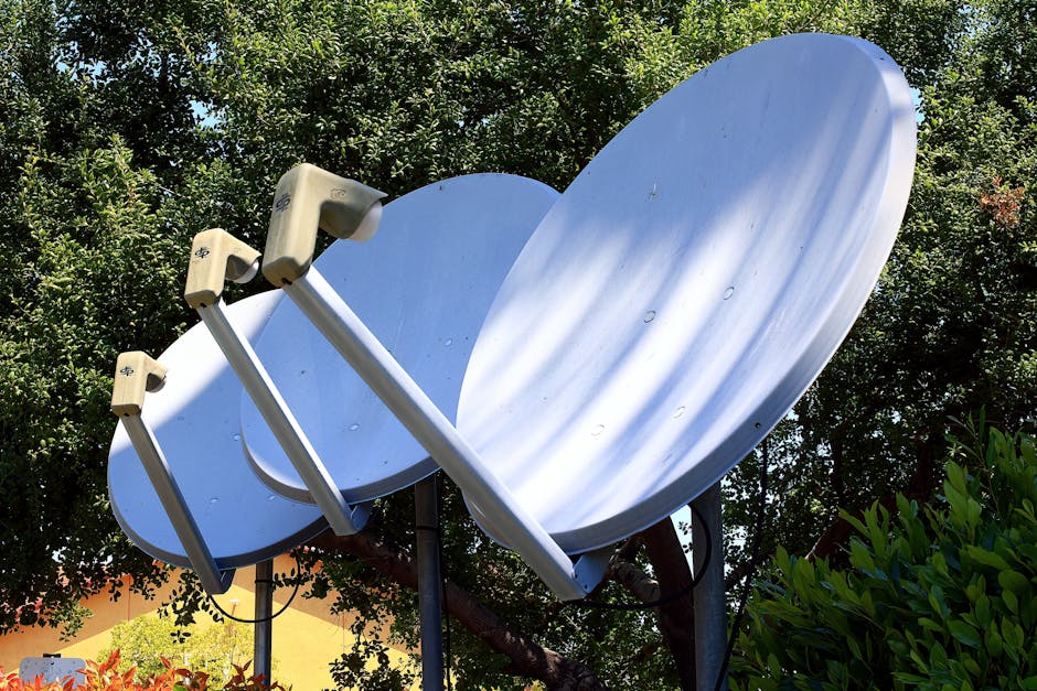 Satellite dishes in nature setting, emphasizing technology blend with environment.