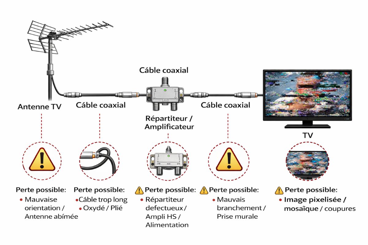 Schema simple antenne, cable coaxial, repartiteur