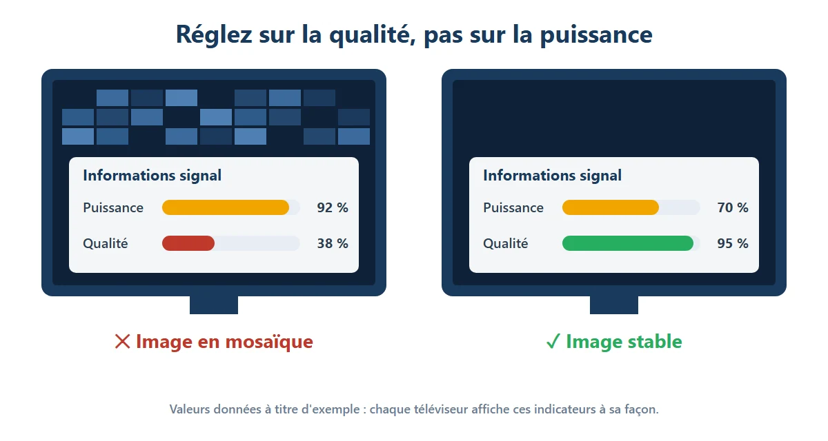 Menu signal d'un téléviseur : une forte puissance avec une faible qualité donne de la mosaïque, une bonne qualité donne une image stable